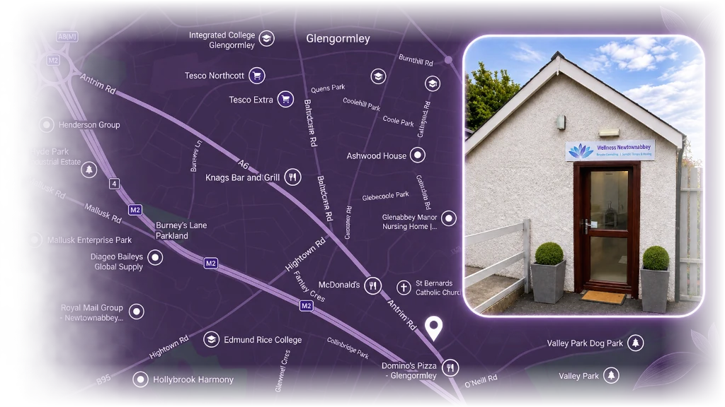 An illustrated map marking our practice near Antrim Road, Glengormley, with a glowing photo of the building. Click to open in Google Maps.