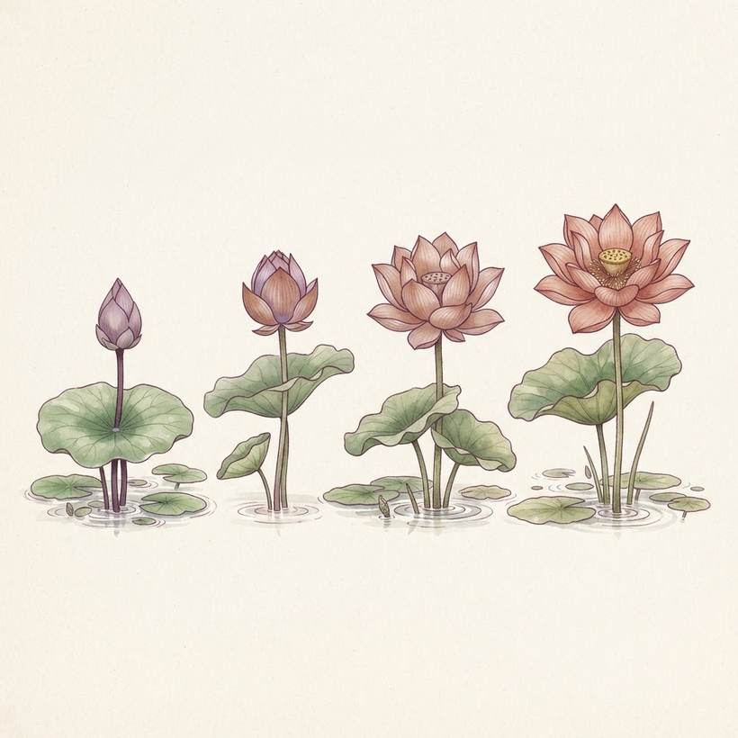 Four stages of a lotus flower, from closed bud to full bloom, representing the therapeutic journey